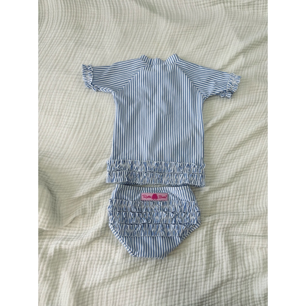 Girls RuffleButts Rashguard Swim Set 4T Blue White Striped - Picture 2 of 8